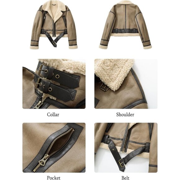 Women's Winter Faux Lamb Fur Leather Short Jacket Lapel Zipper Bomber Coat Camel - Picture 9 of 9